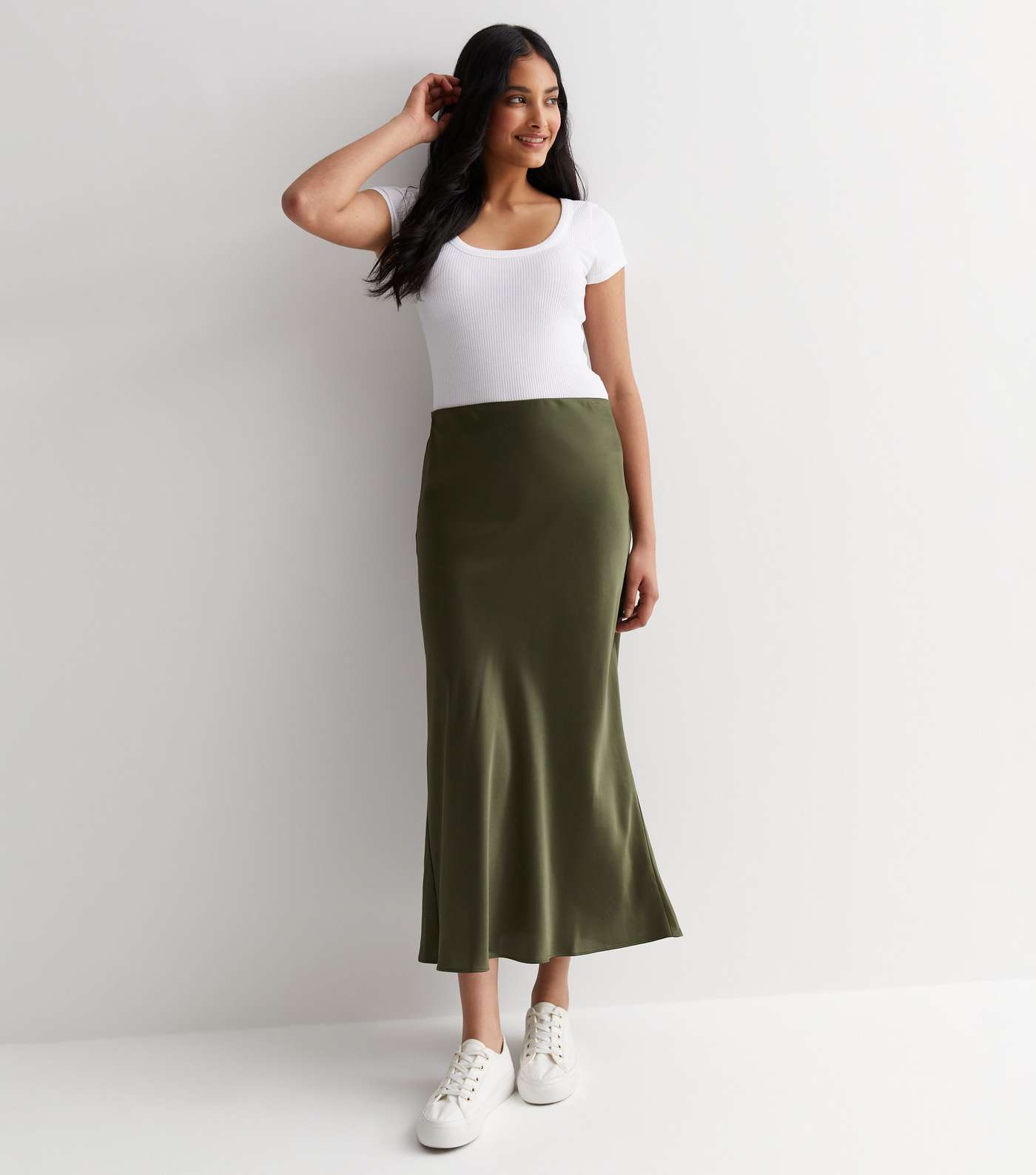 Khaki Satin Midi Skirt Image 2
