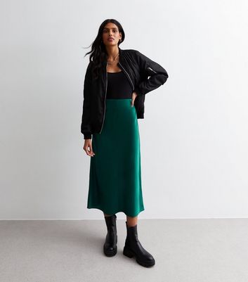 Dark green outlet satin midi skirt