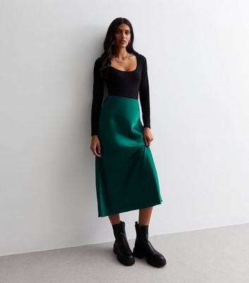Dark Green Satin Midi Skirt New Look