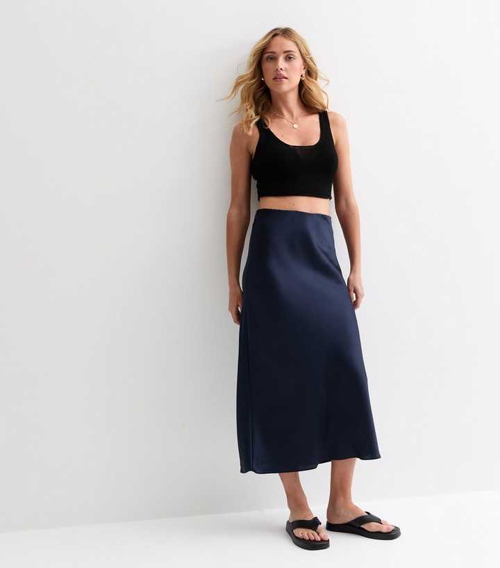 Navy Satin Midi Skirt