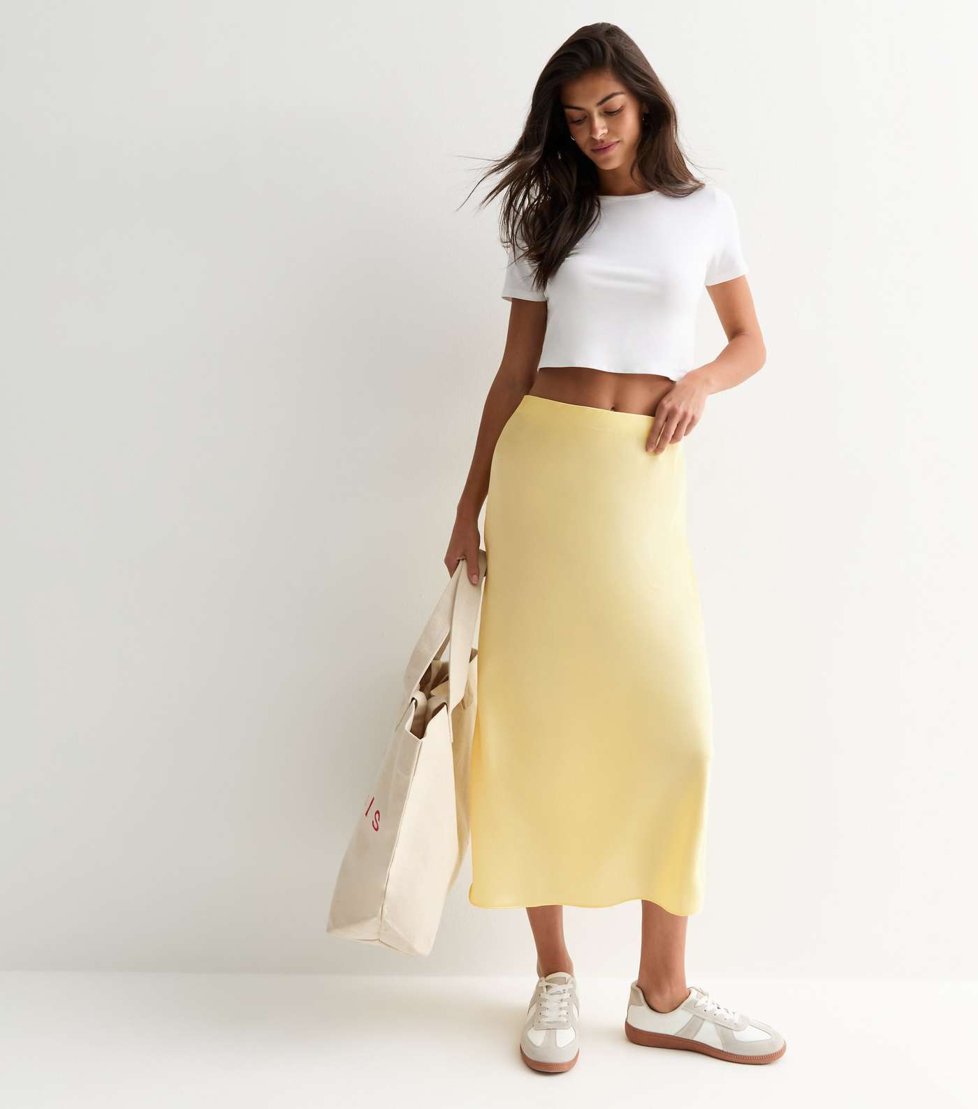 Pale Yellow Satin Midi Skirt Image 2