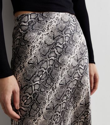 Light Grey Snake Print Satin Bias Cut Midi Skirt New Look