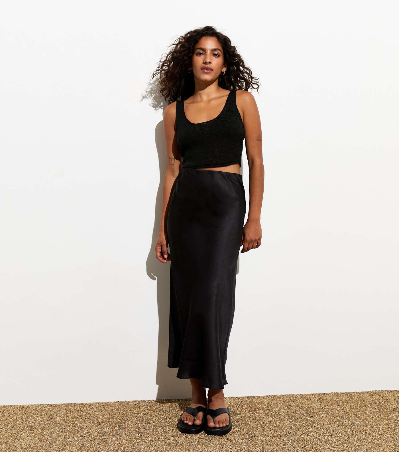 Petite Black Satin Bias Cut Midi Skirt