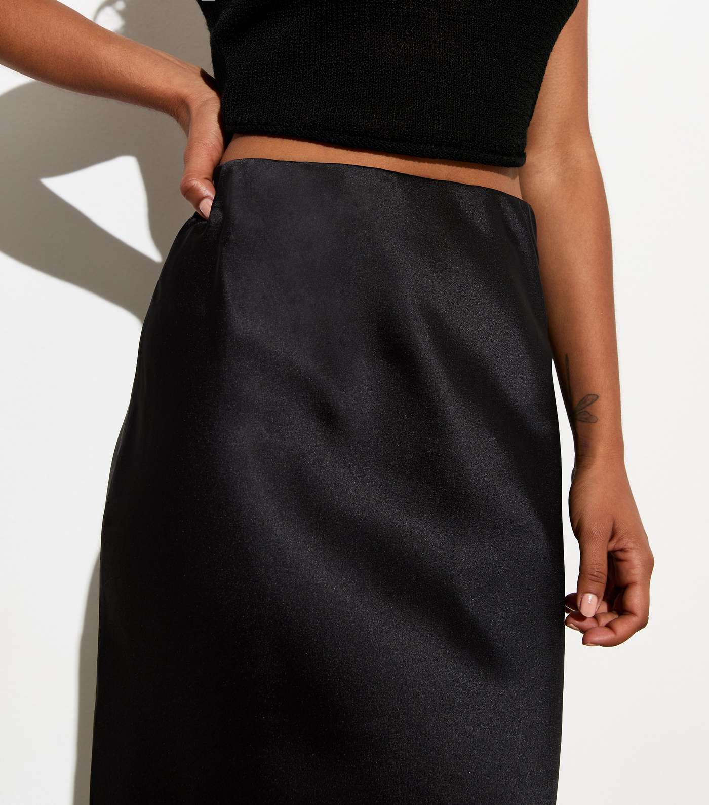 Petite Black Satin Bias Cut Midi Skirt Image 3