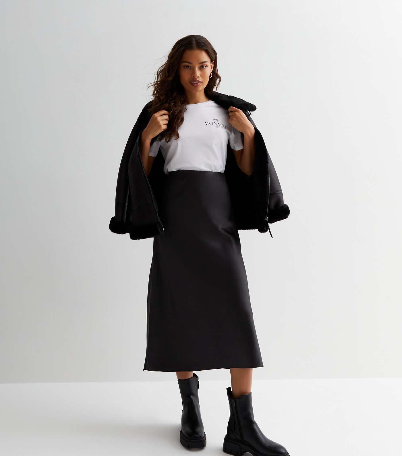 Petite Black Satin Bias Cut Midi Skirt Image 5