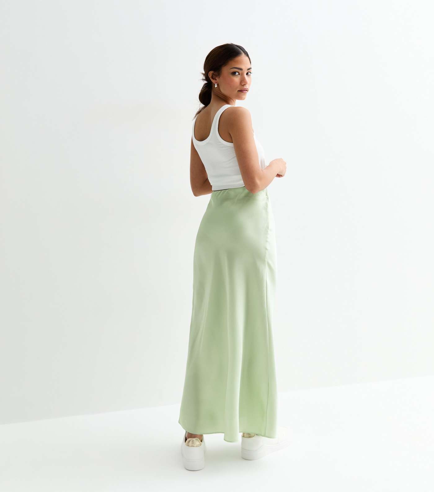 Petite Light Green Satin Bias Cut Midi Skirt Image 4