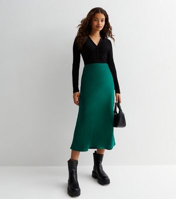 Petite Dark Green Satin Bias Cut Midi Skirt New Look