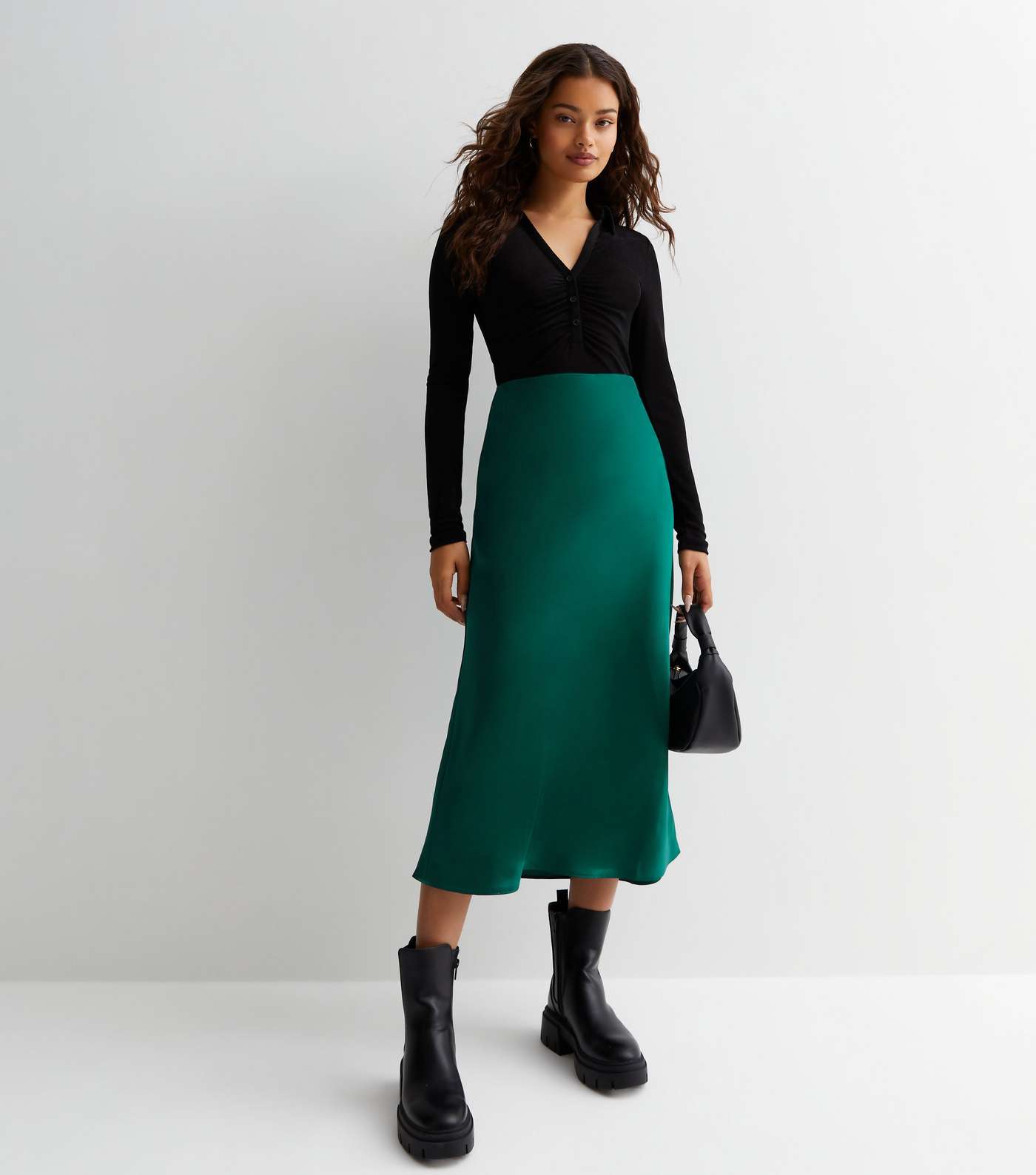 Petite Dark Green Satin Bias Cut Midi Skirt