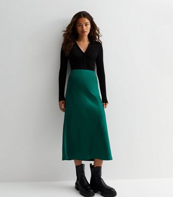 Petite Dark Green Satin Bias Cut Midi Skirt New Look