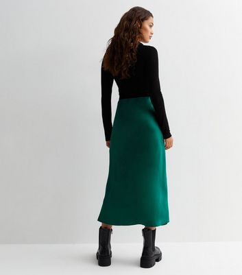 Petite Dark Green Satin Bias Cut Midi Skirt New Look