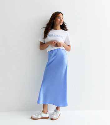Petite Pale Blue Satin Bias Cut Midi Skirt