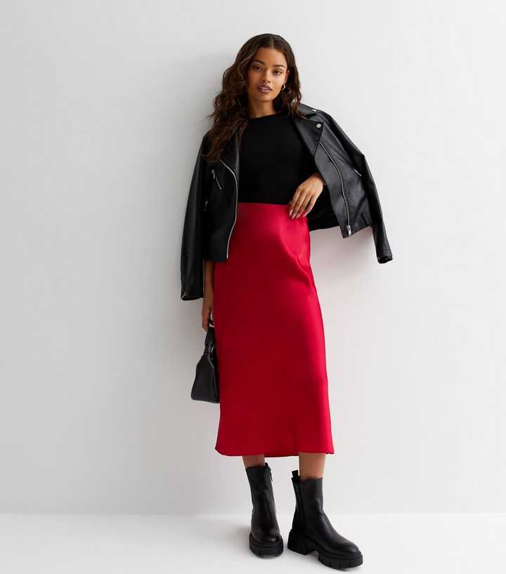Petite Red Satin Bias Cut Midi Skirt