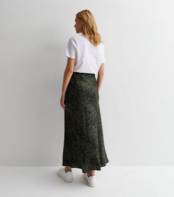 Green Animal Print Satin Bias Cut Midaxi Skirt
