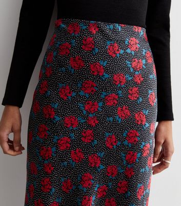 Black Rose and Spot Print Satin Midaxi Skirt New Look