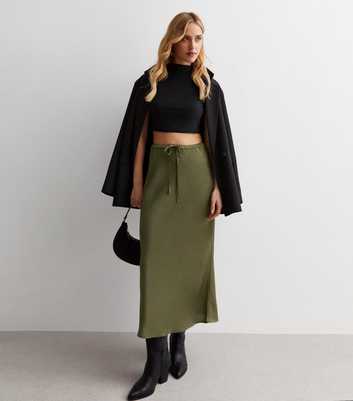 Khaki Textured Satin Tie Waist Midaxi Skirt