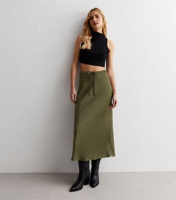 Mid length satin skirts sale khaki