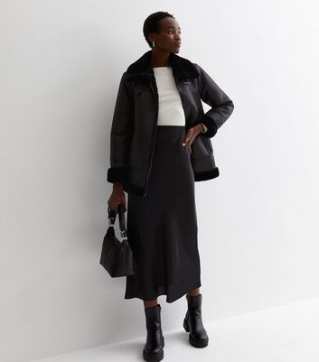 Tall Black Satin Midi Skirt New Look