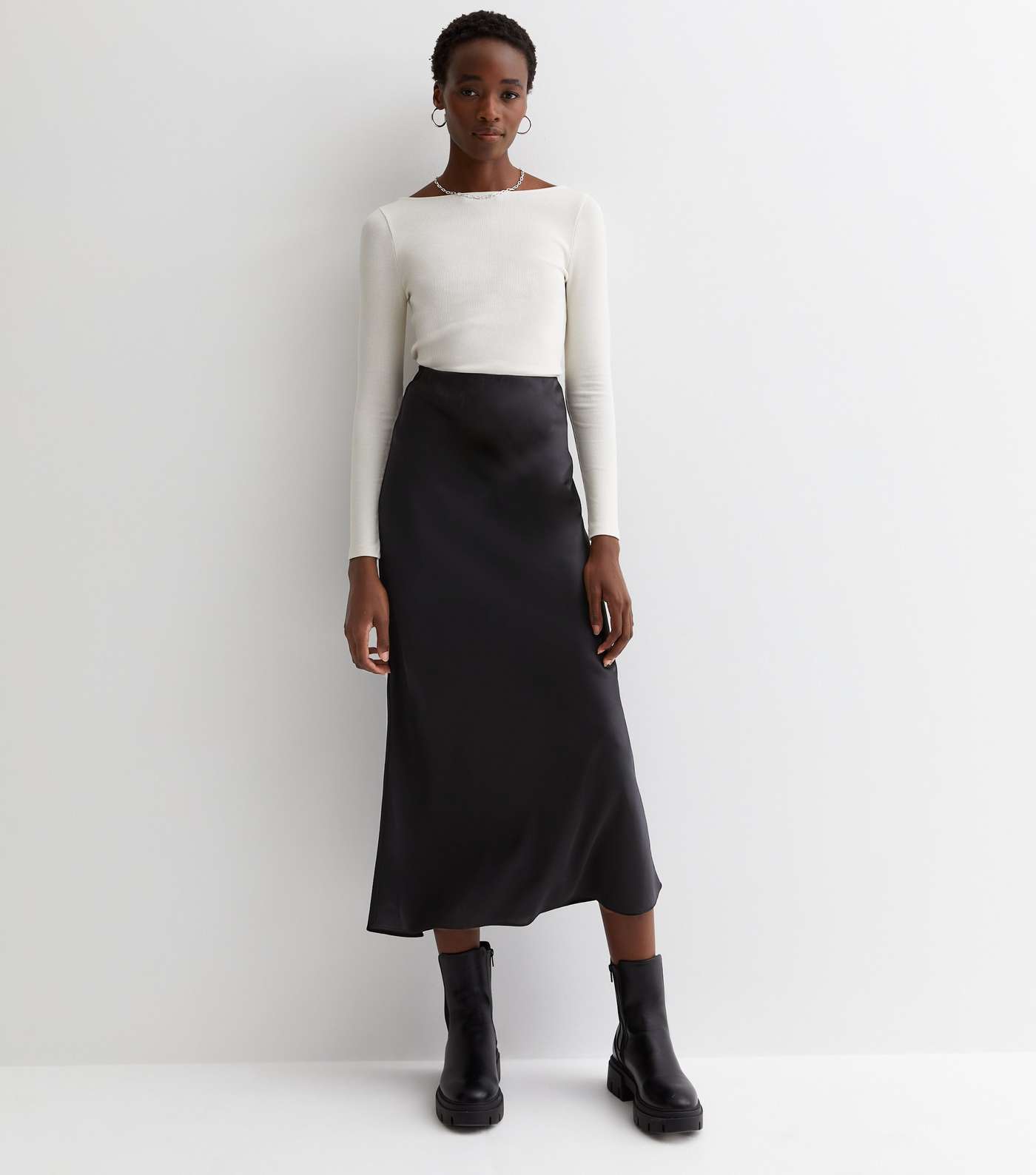 Tall Black Satin Midi Skirt Image 3