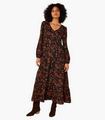 Apricot Black Floral Long Sleeve Oversized Maxi Dress