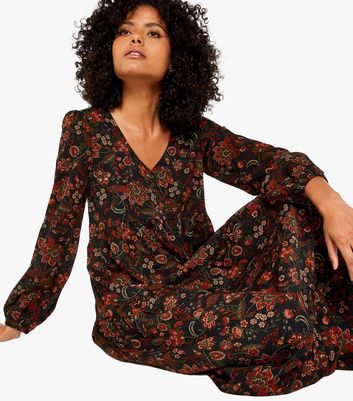 Apricot Black Floral Long Sleeve Oversized Maxi Dress New Look