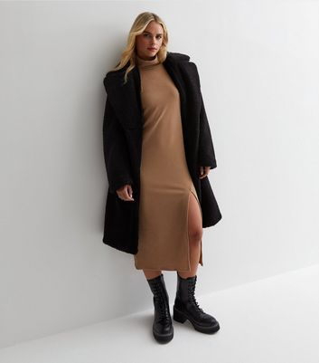 Petite Camel Ribbed Roll Neck Midaxi Dress New Look