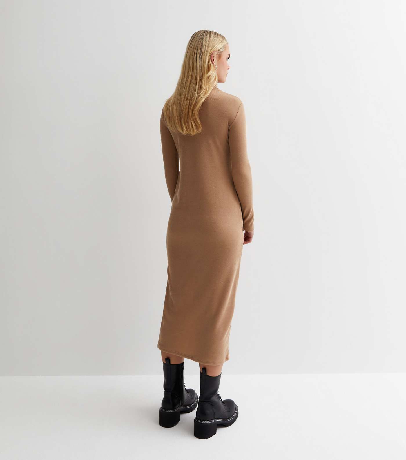 Petite Camel Ribbed Roll Neck Midaxi Dress Image 4