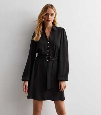 Black Long Sleeve Belted Mini Shirt Dress