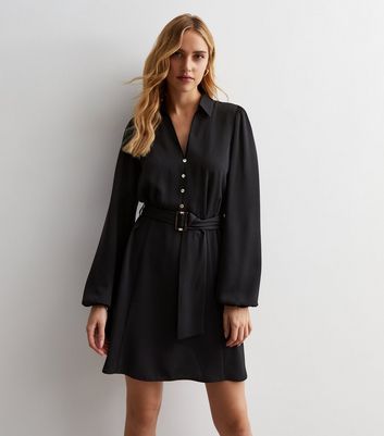Black Long Sleeve Belted Mini Shirt Dress | New Look