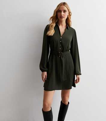 Khaki Long Sleeve Belted Mini Shirt Dress