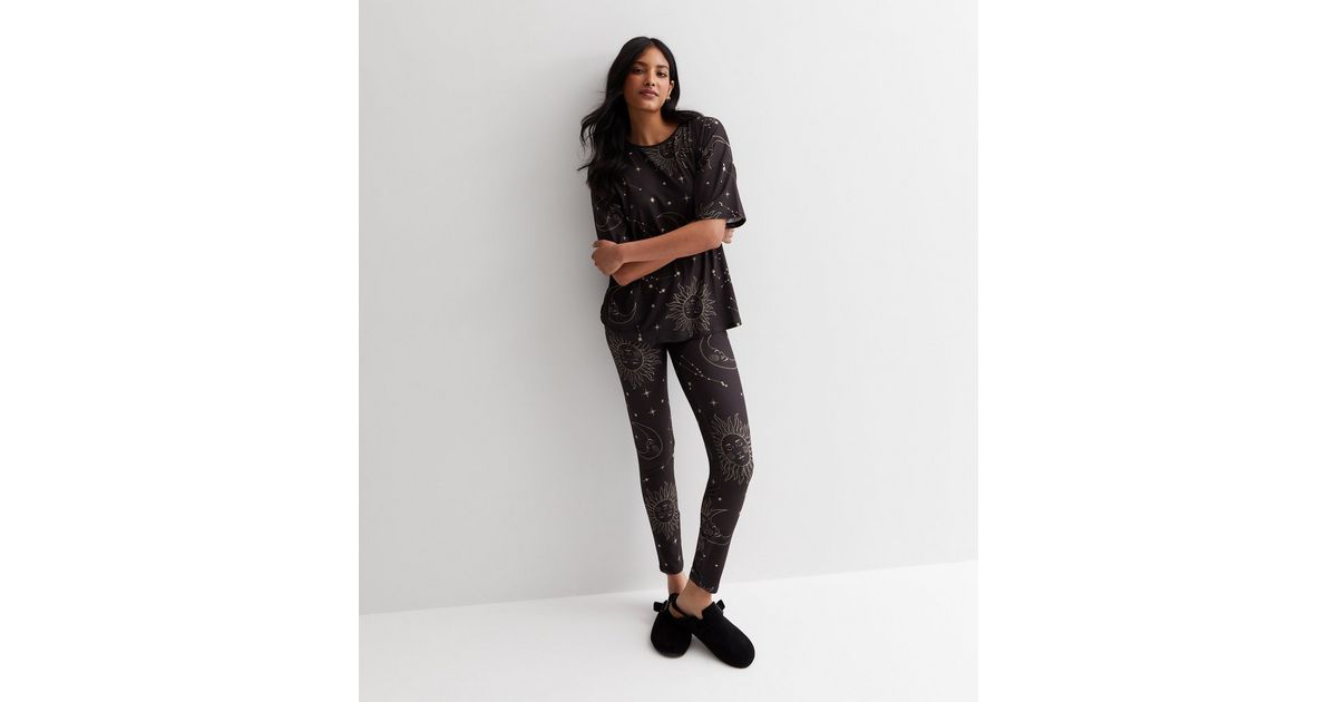 Black Legging Pyjama Set with Celestial Print