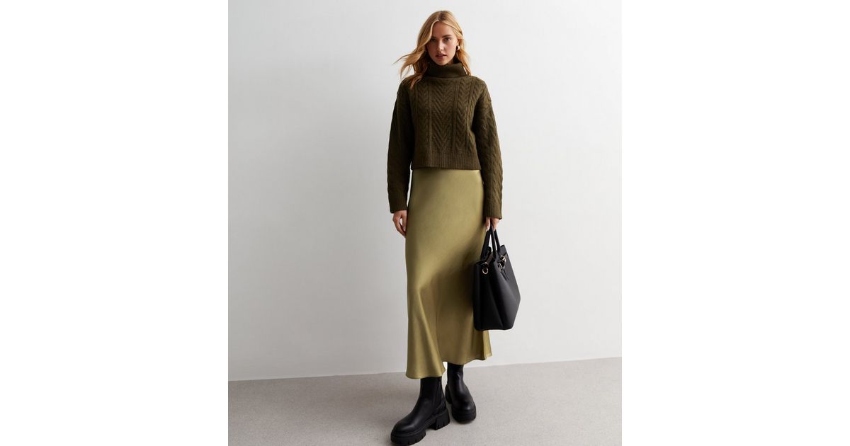 Olive Textured Satin Bias Cut Midi Skirt | New Look