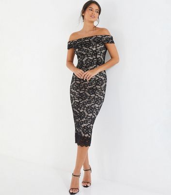 QUIZ Black Floral Lace Bardot Midaxi Dress New Look