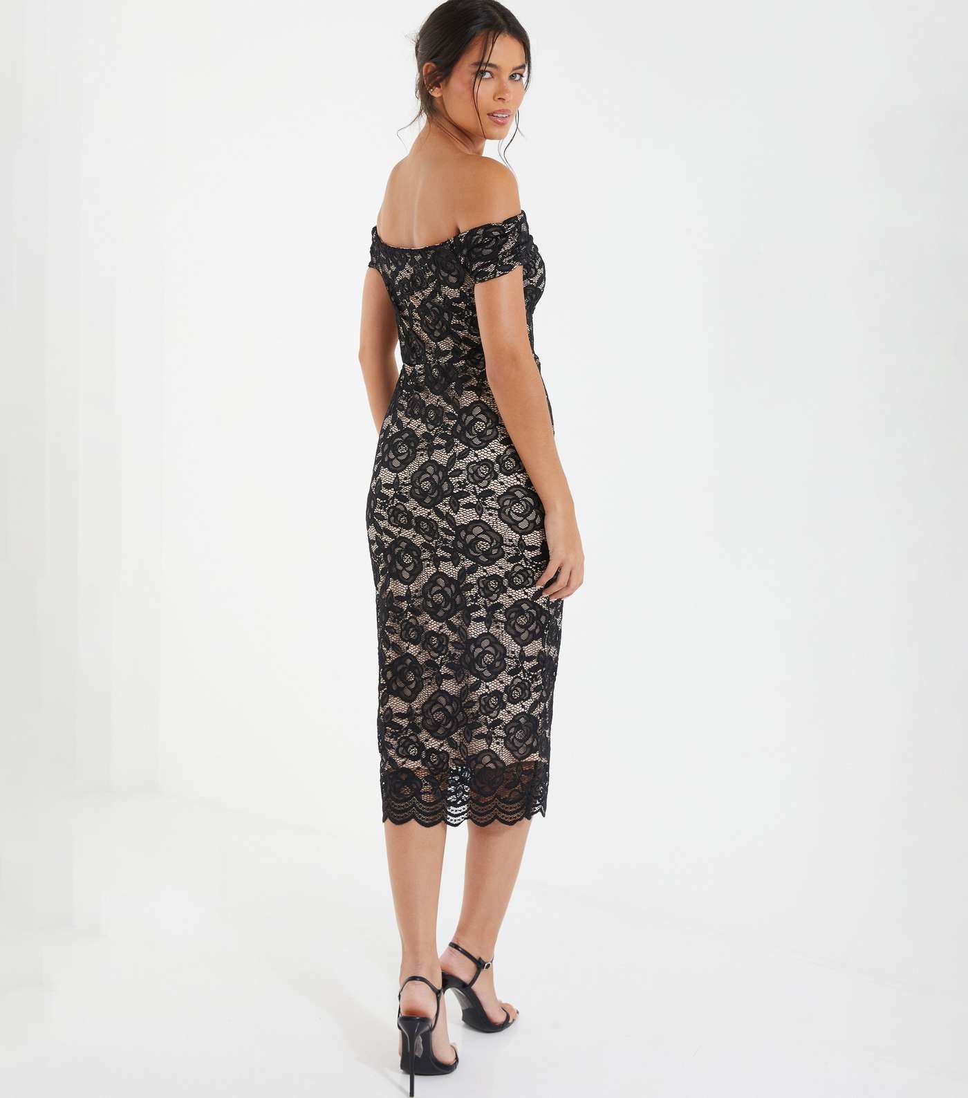QUIZ Black Floral Lace Bardot Midaxi Dress Image 3