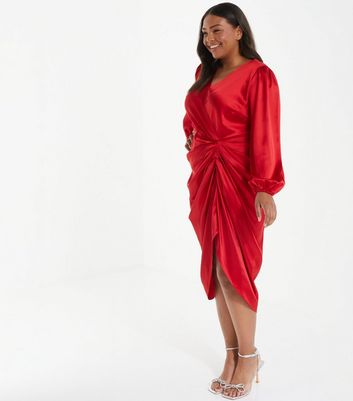 QUIZ Curves Dark Red Satin Ruched Wrap Midi Dress New Look