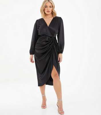 QUIZ Curves Black Satin Long Sleeve Ruched Wrap Midi Dress