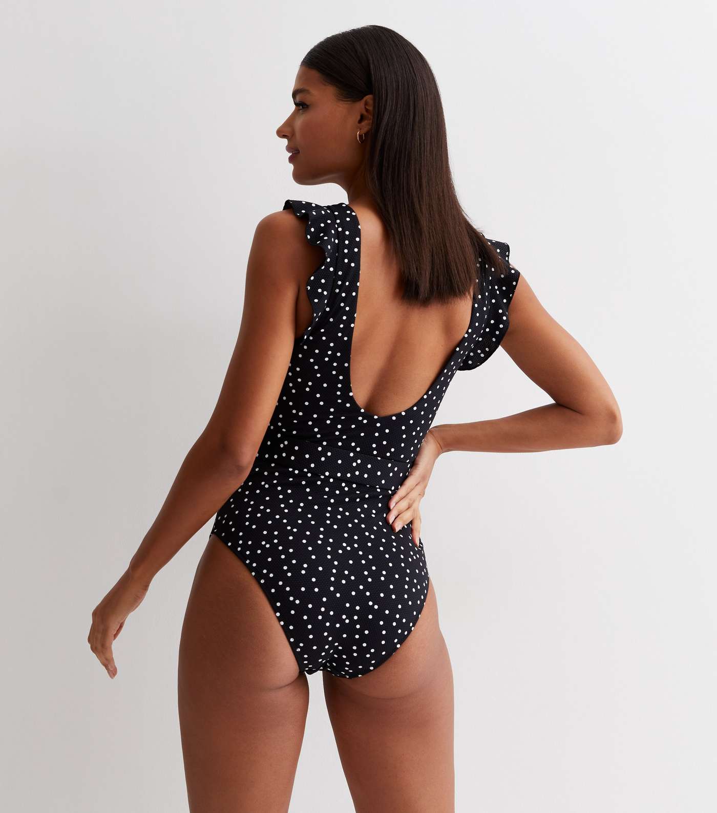 Black Spot Frill Sleeve Belted Swimsuit Image 4