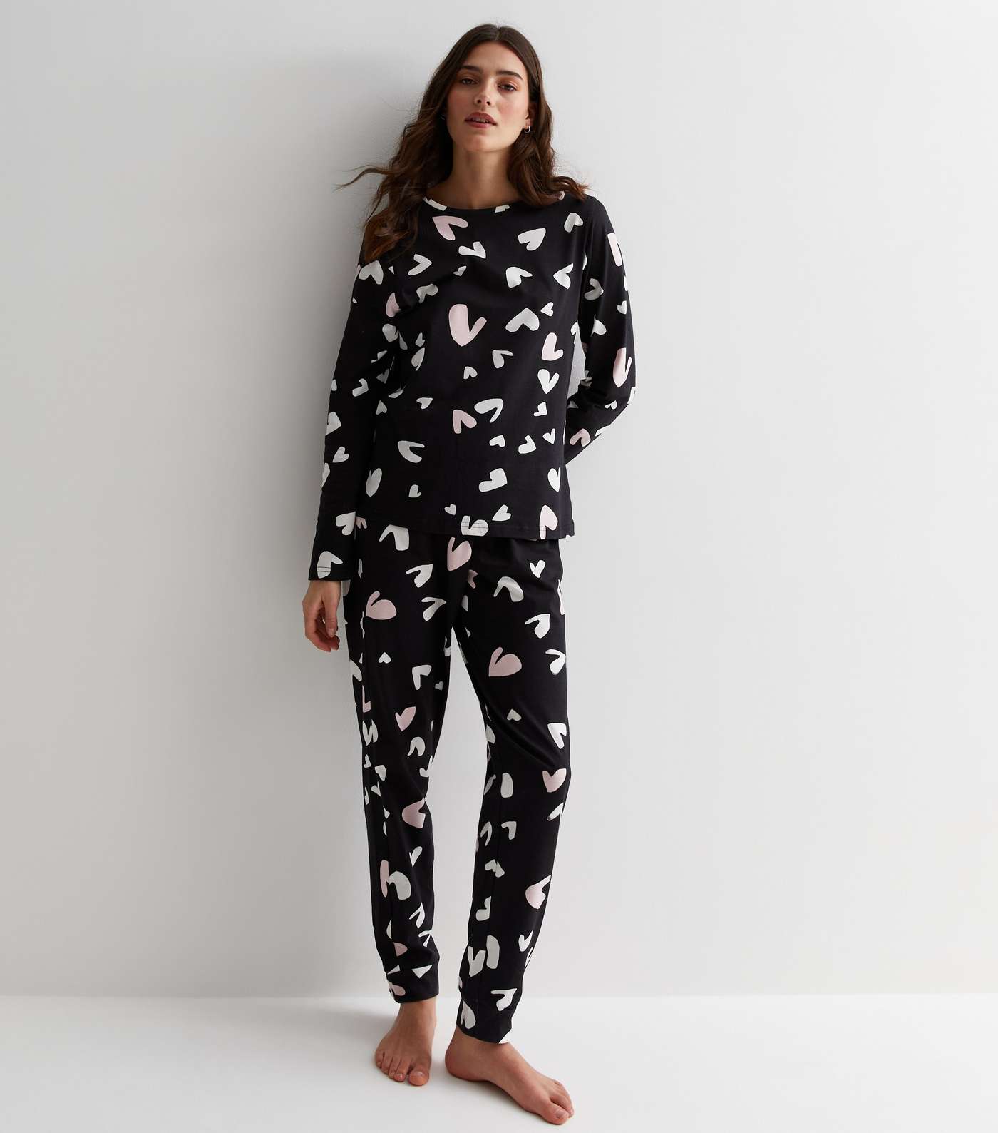 Black Jogger Pyjama Set with Heart Print Image 2