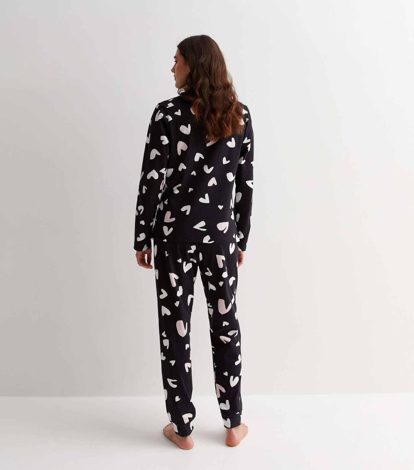Black Jogger Pyjama Set with Heart Print Image 4