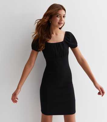 Girls Black Ribbed Ruched Dress