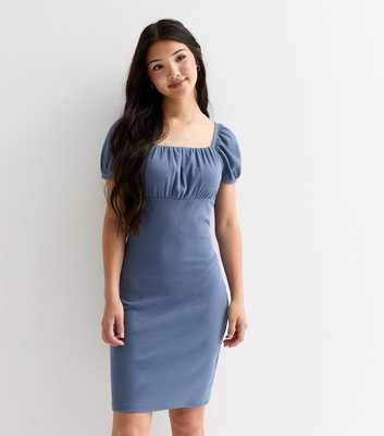 Girls Blue Ribbed Ruched Dress