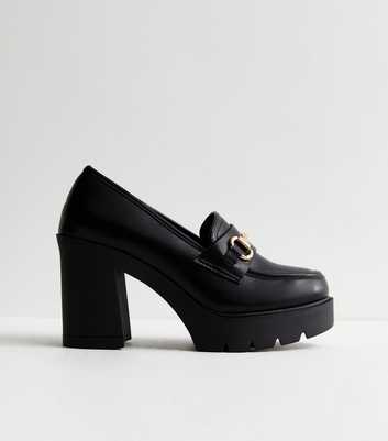 Black Leather-Look Chunky Block Heel Loafers