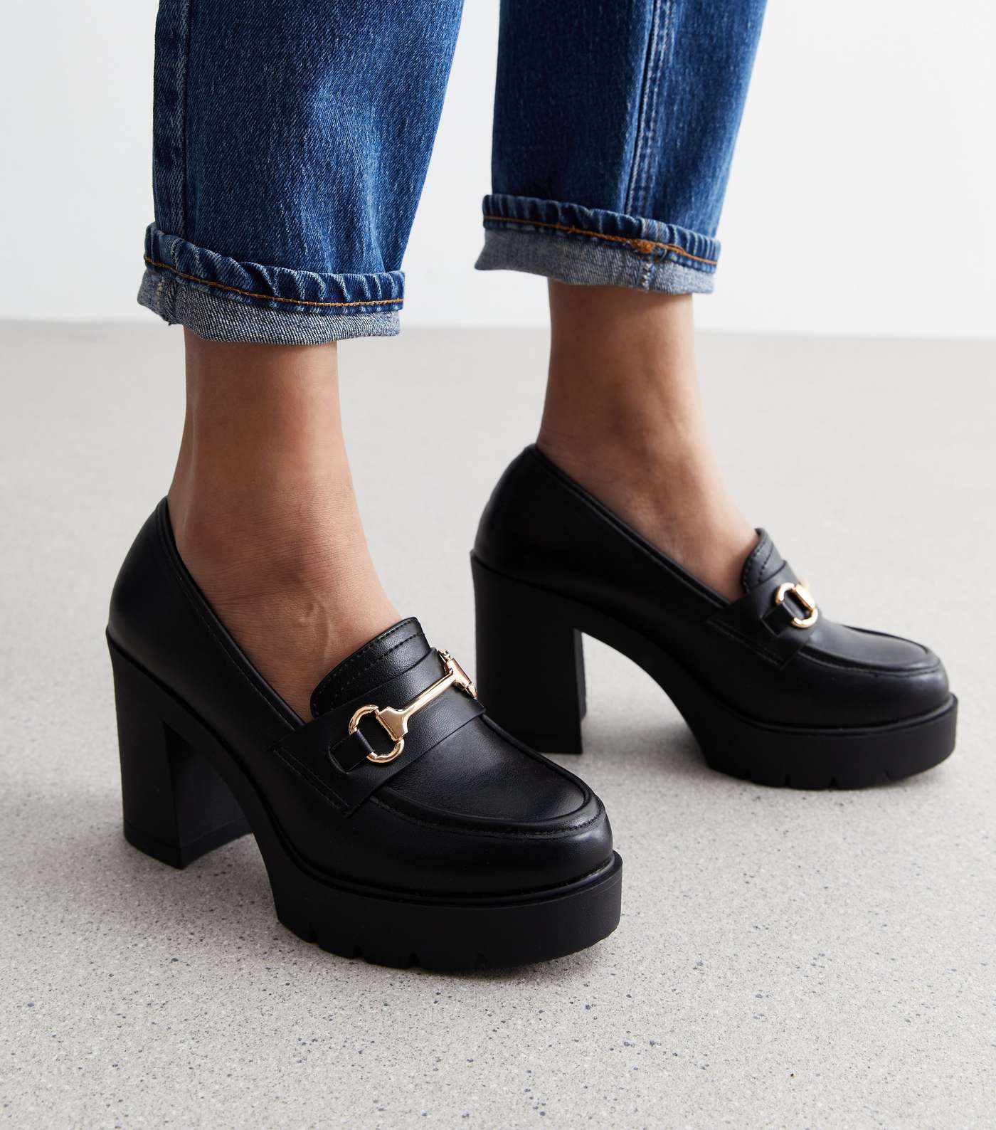 Black Leather-Look Chunky Block Heel Loafers Image 2