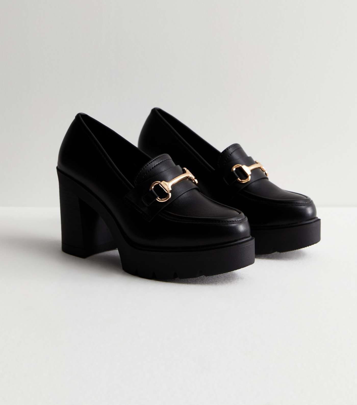 Black Leather-Look Chunky Block Heel Loafers Image 4