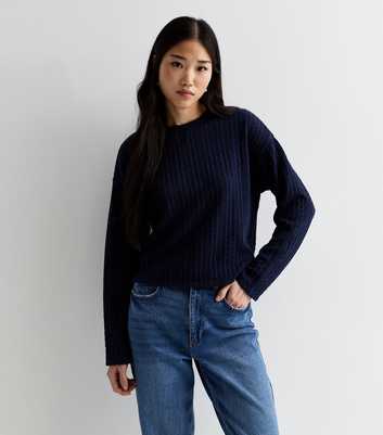 Navy Cable Knit Pattern Jersey Long Sleeve Top