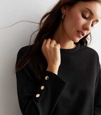 Black Ribbed Knit Button Cuff Top