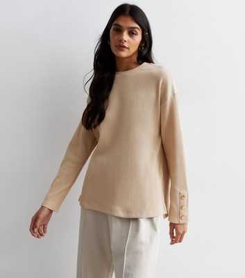 Camel Ribbed Knit Button Cuff Top