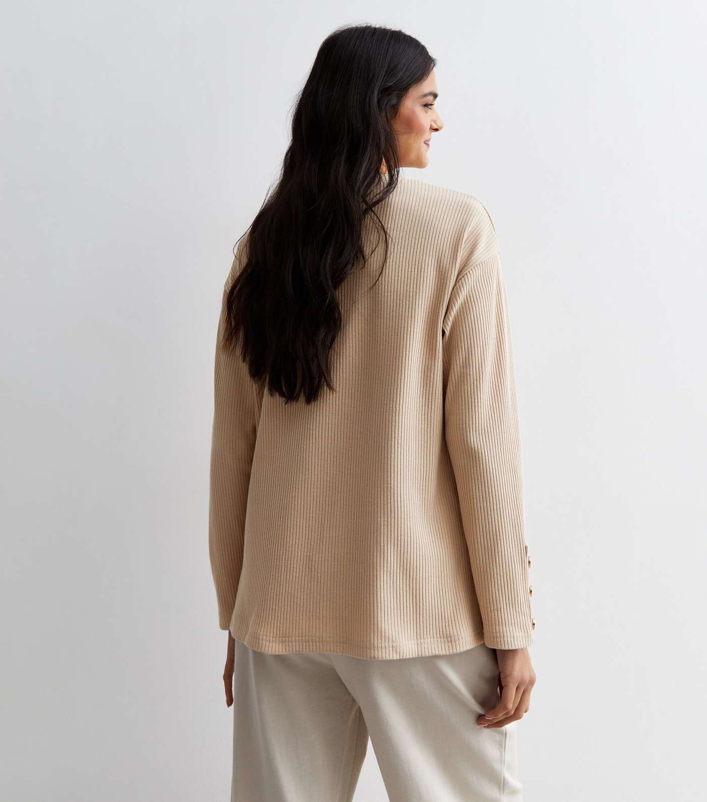 Camel Ribbed Knit Button Cuff Top Image 4
