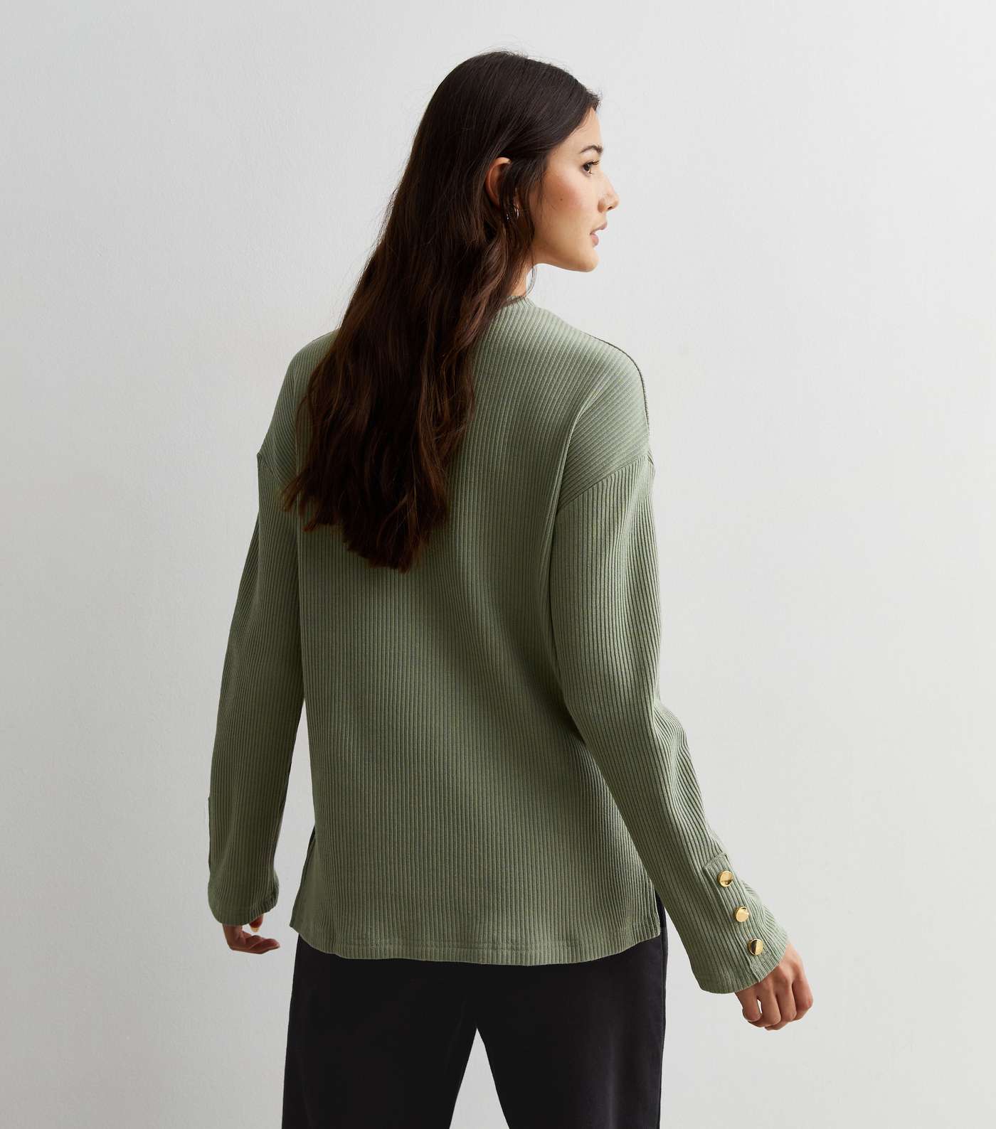 Olive Ribbed Knit Button Cuff Top Image 4