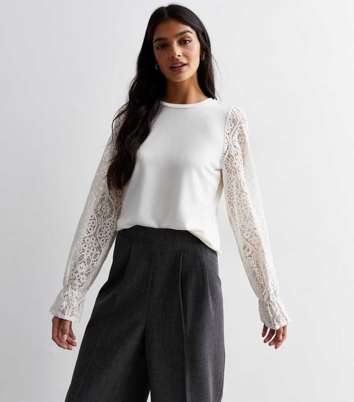 Long-Sleeve Lace Blouse with Crew Neckline, Regular