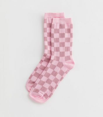 Pink Checkerboard Print Socks New Look